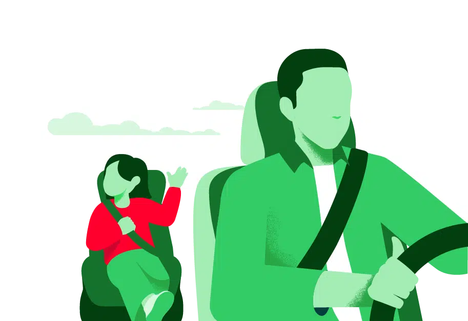 Ilustração Verde do Seguro Auto Mapfre com um Homem a conduzir com criança no banco de trás na cadeirinha