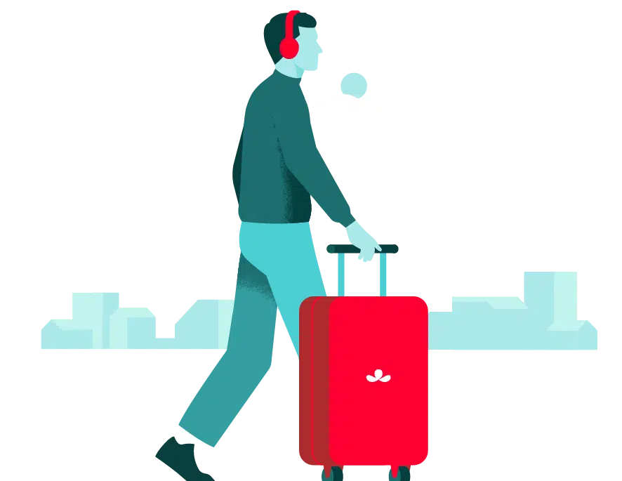 Ilustração Azul de Viajante na cidade com o seguro Viagem Mapfre